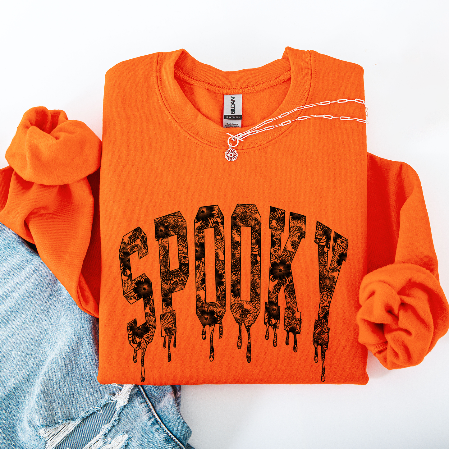 Spooky, Faux Lace, Halloween, Coquette Sweatshirt