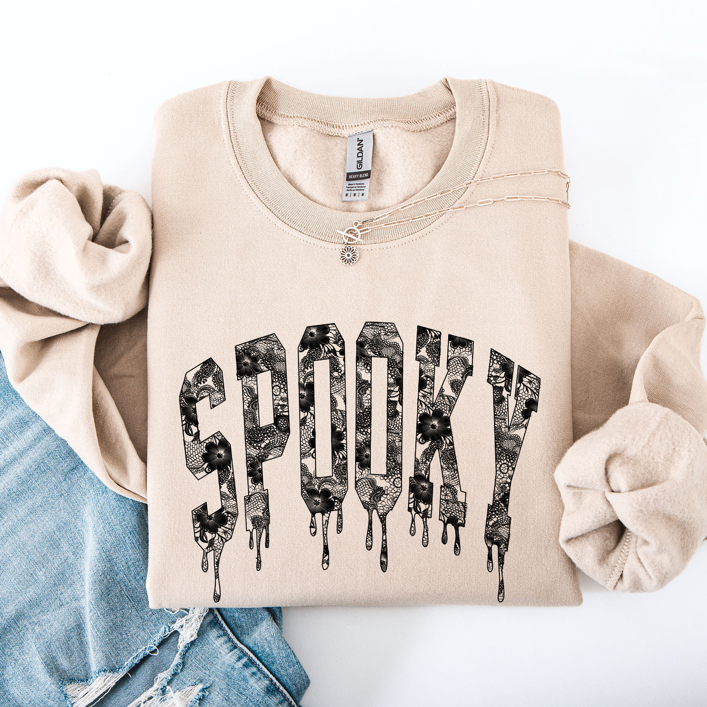 Spooky, Faux Lace, Halloween, Coquette Sweatshirt