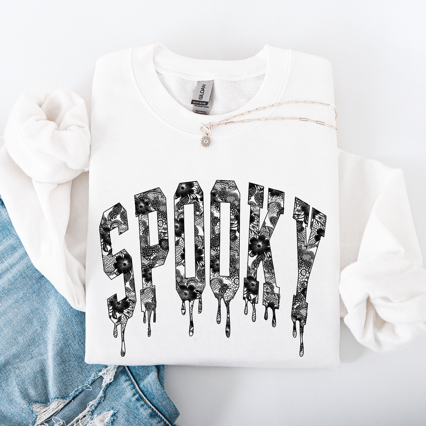 Spooky, Faux Lace, Halloween, Coquette Sweatshirt