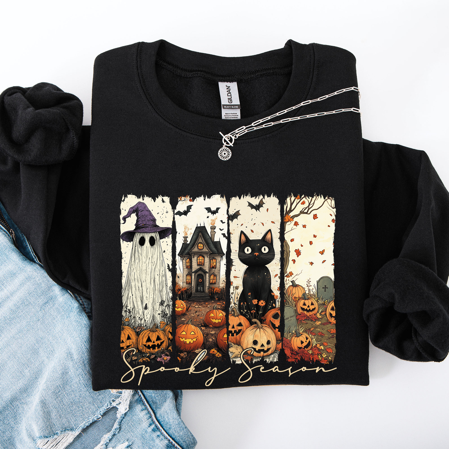 Spooky Season, Stripes, Halloween, Cat, Ghost, Pumpkins, Autumn, Fall Sweatshirt