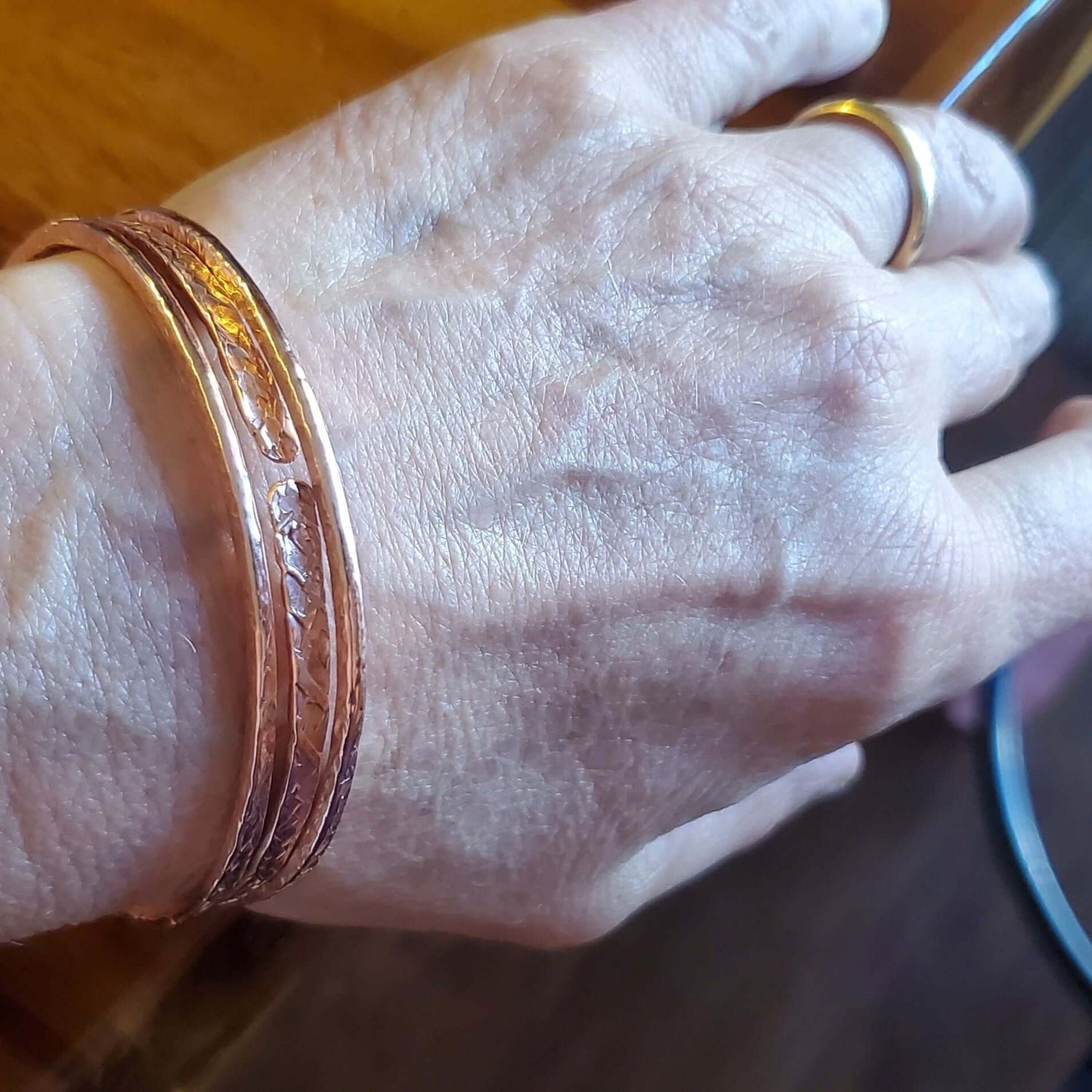 Stackable Copper Hammered Double Canted Angle Bangles Alexa Martha