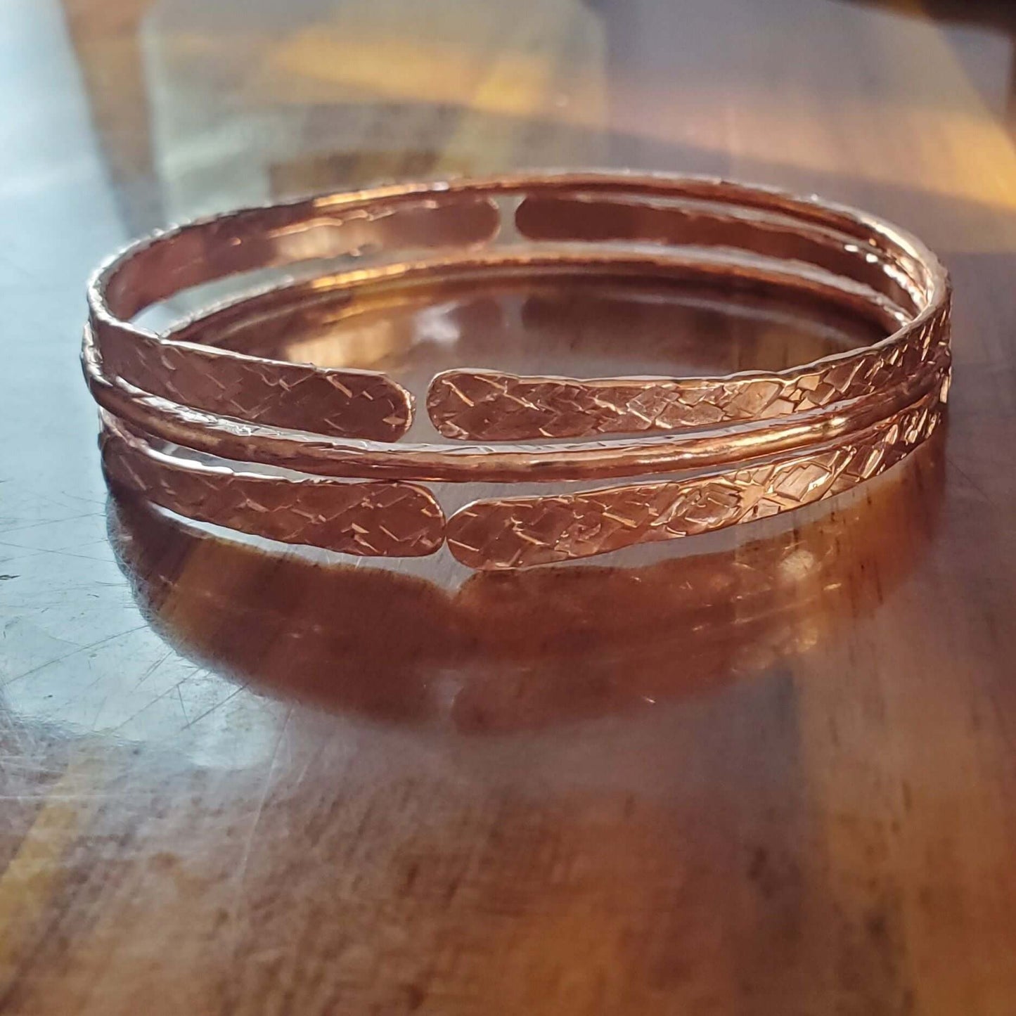 Stackable Copper Hammered Double Canted Angle Bangles Alexa Martha