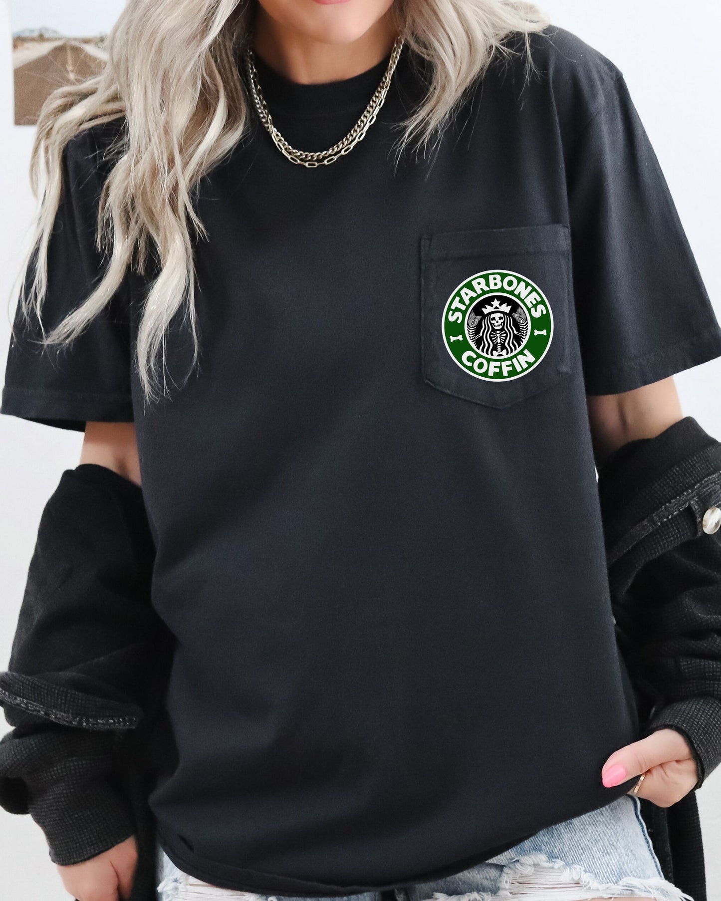 Starbones Coffin, Coffee, Halloween, Pocket Print, Spooky, Skeleton, Mermaid, Witch Shirt Comfort Colors T-Shirt