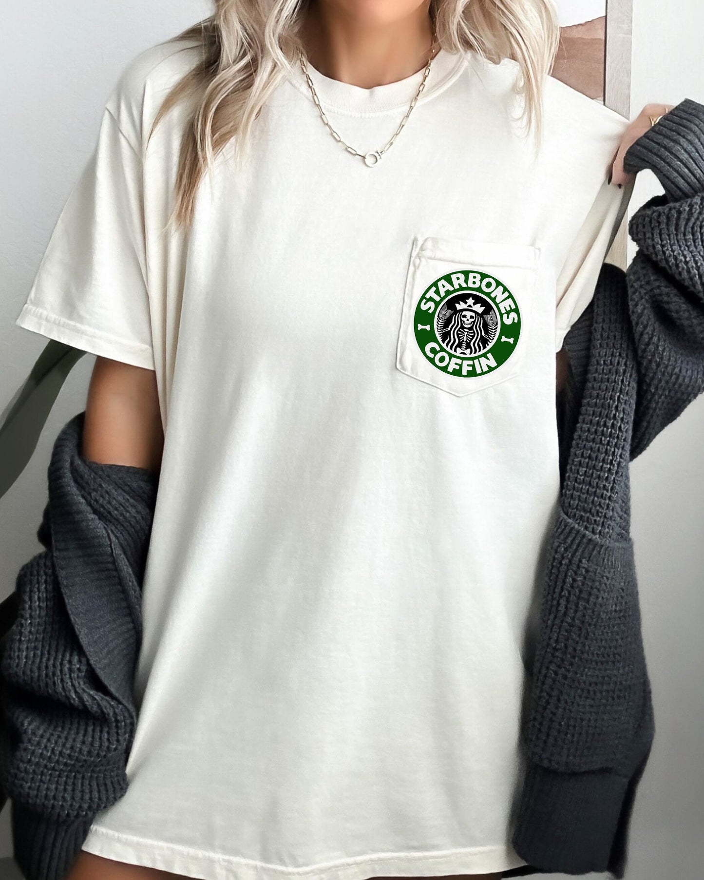 Starbones Coffin, Coffee, Halloween, Pocket Print, Spooky, Skeleton, Mermaid, Witch Shirt Comfort Colors T-Shirt