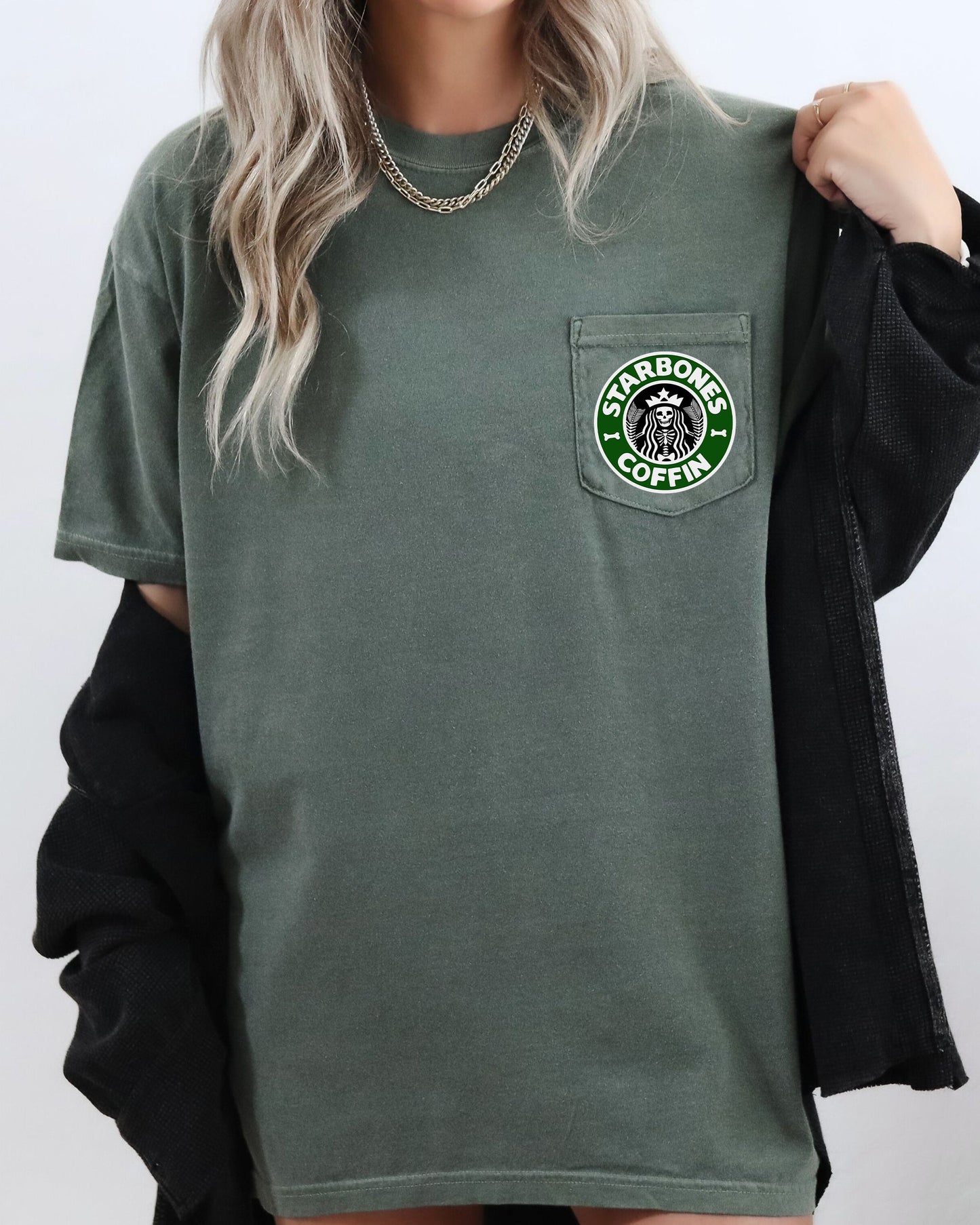 Starbones Coffin, Coffee, Halloween, Pocket Print, Spooky, Skeleton, Mermaid, Witch Shirt Comfort Colors T-Shirt