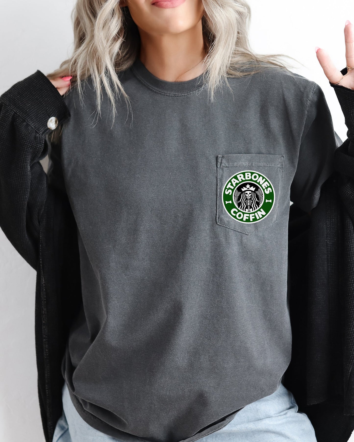 Starbones Coffin, Coffee, Halloween, Pocket Print, Spooky, Skeleton, Mermaid, Witch Shirt Comfort Colors T-Shirt