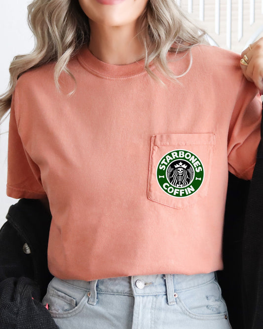 Starbones Coffin, Coffee, Halloween, Pocket Print, Spooky, Skeleton, Mermaid, Witch Shirt Comfort Colors T-Shirt