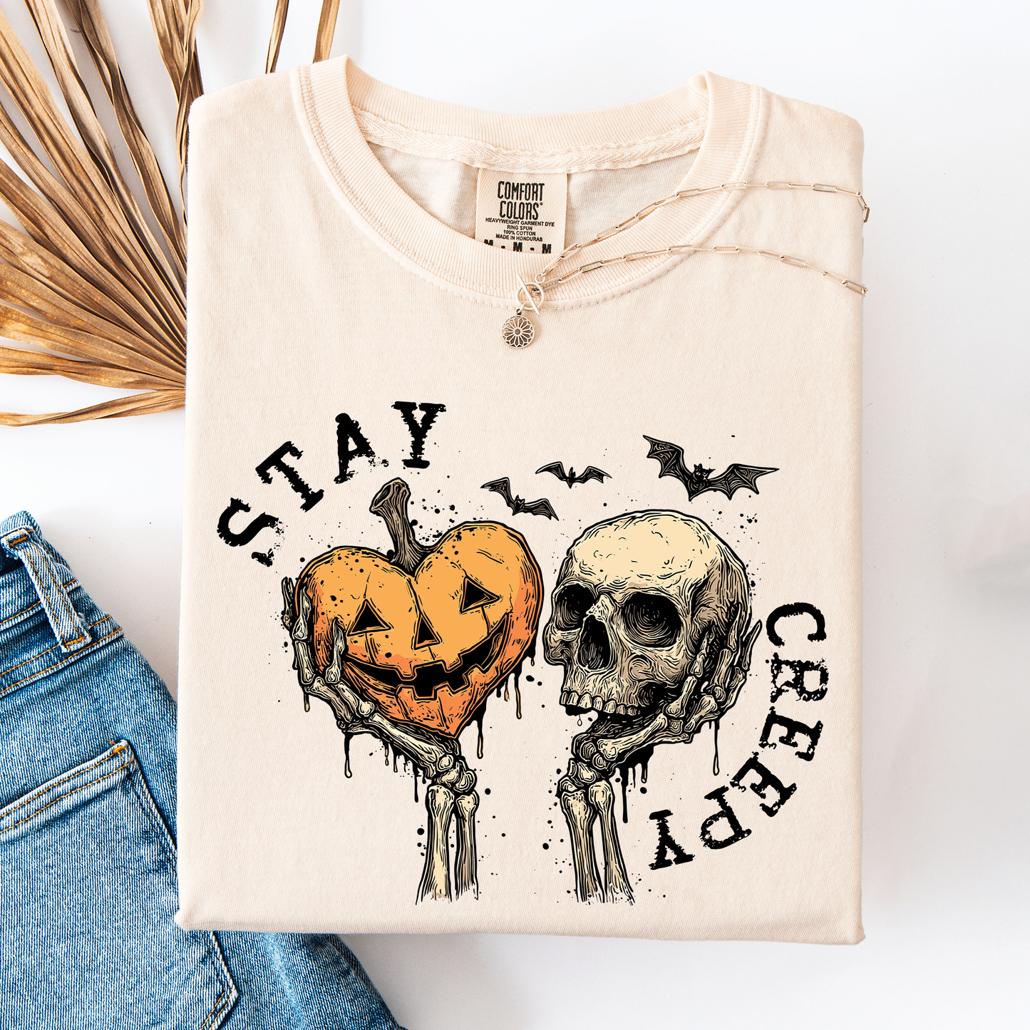 Stay Creepy, Halloween, Pumpkin Heart, Skeleton, Cute, Bats, Spooky, Comfort Colors T-Shirt