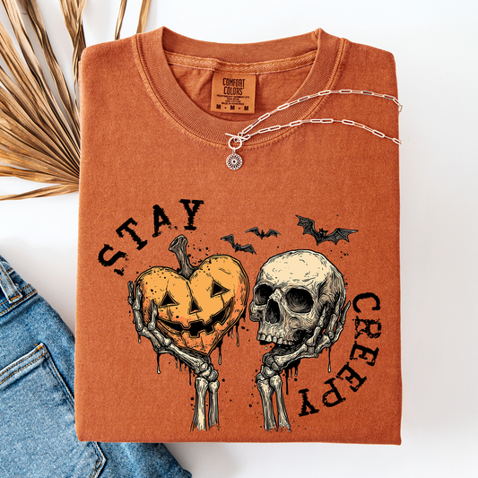 Stay Creepy, Halloween, Pumpkin Heart, Skeleton, Cute, Bats, Spooky, Comfort Colors T-Shirt