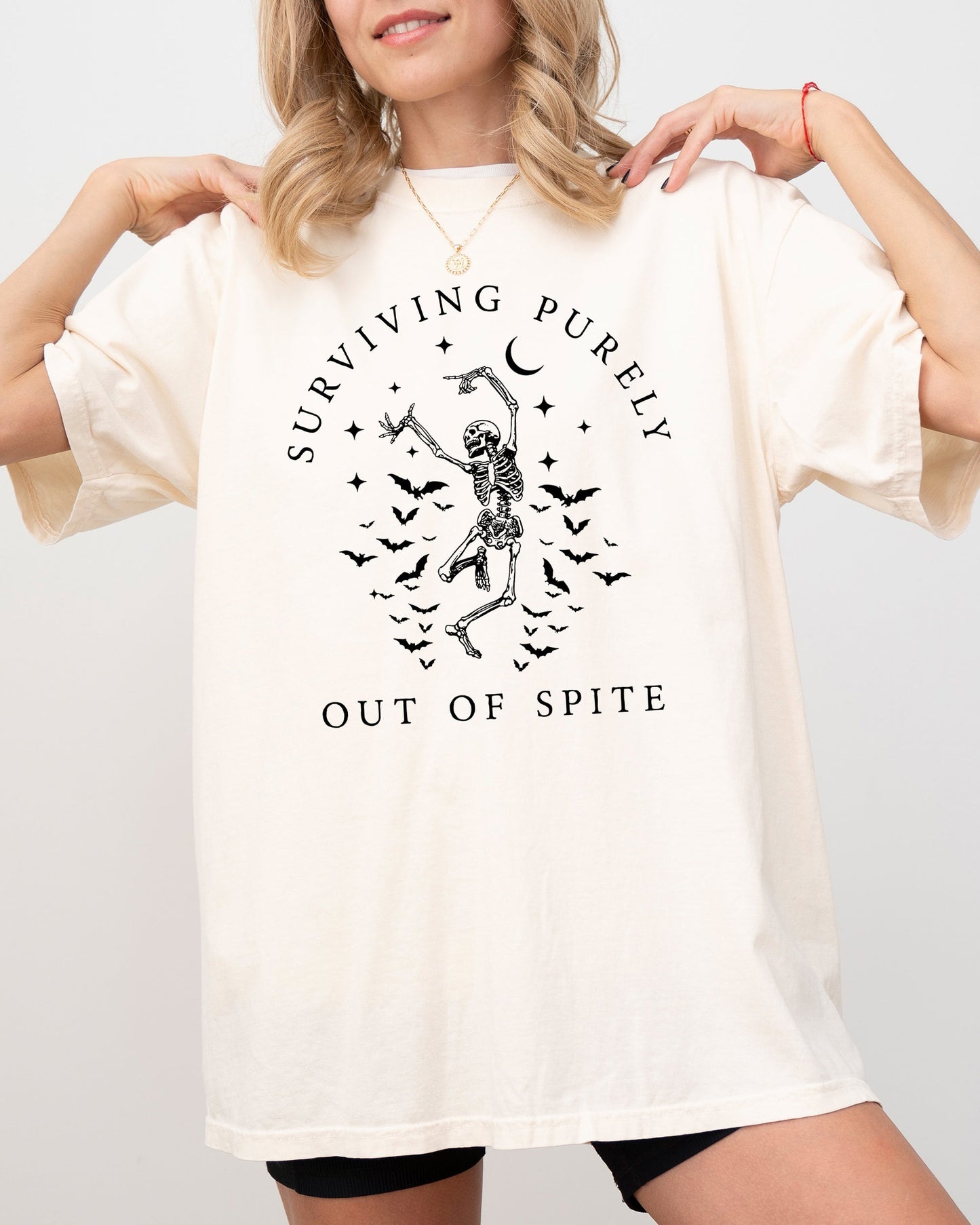 Surviving Purely Out of Spite, Skeleton, Bats, Funny, Aesthetic, Meme, Halloween, Spooky, Dancing Shirt Comfort Colors T-Shirt