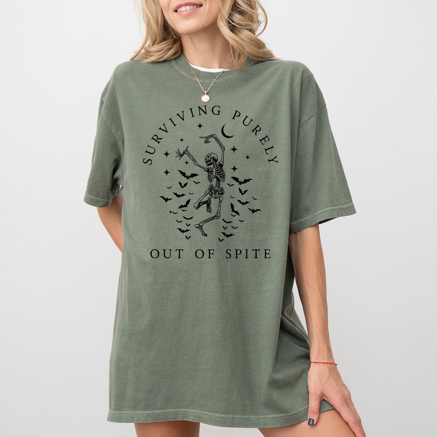 Surviving Purely Out of Spite, Skeleton, Bats, Funny, Aesthetic, Meme, Halloween, Spooky, Dancing Shirt Comfort Colors T-Shirt