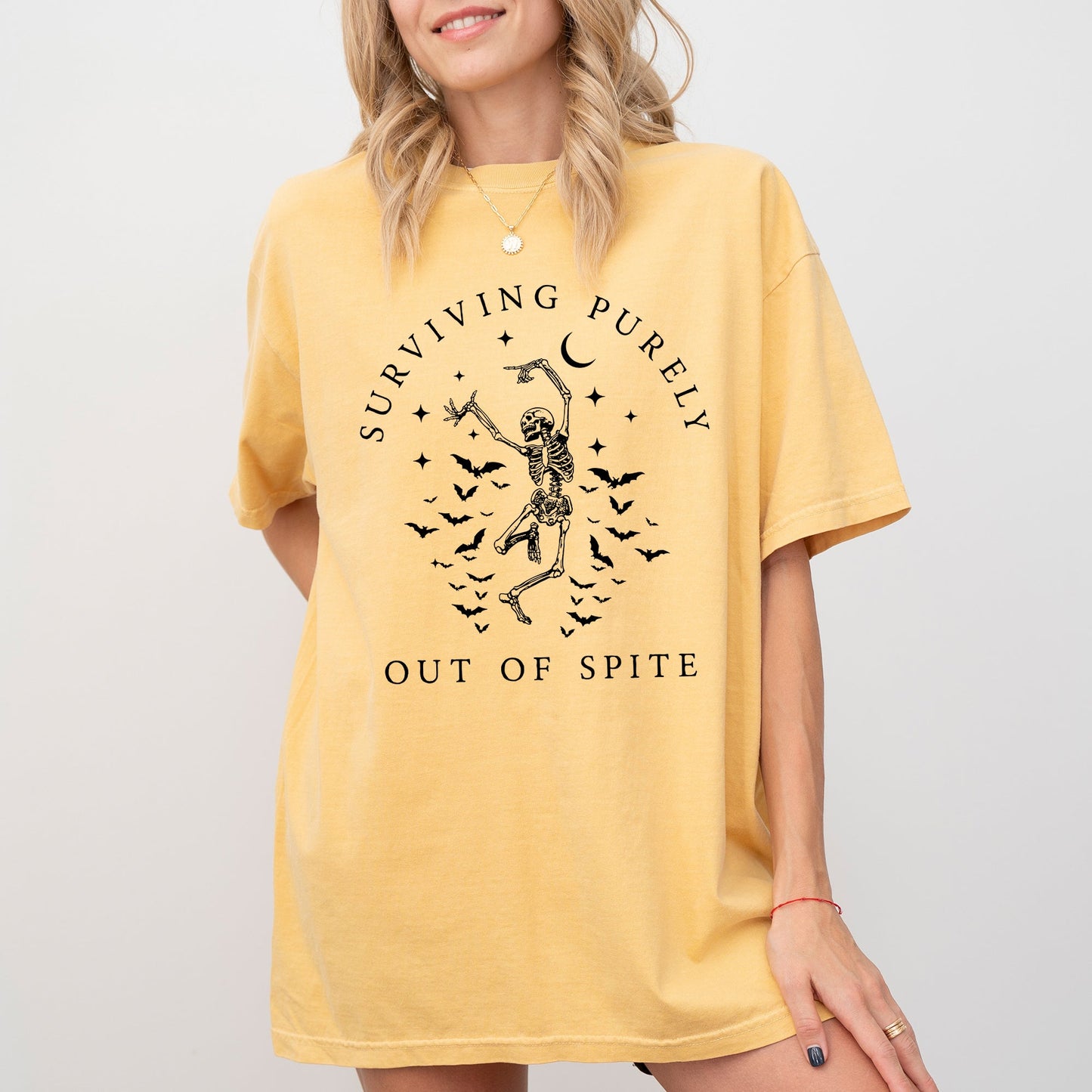 Surviving Purely Out of Spite, Skeleton, Bats, Funny, Aesthetic, Meme, Halloween, Spooky, Dancing Shirt Comfort Colors T-Shirt