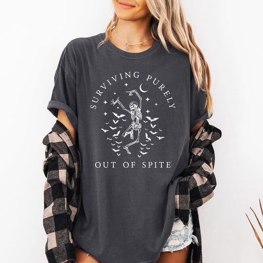 Surviving Purely Out of Spite, Skeleton, Bats, Funny, Aesthetic, Meme, Halloween, Spooky, Dancing Shirt Comfort Colors T-Shirt