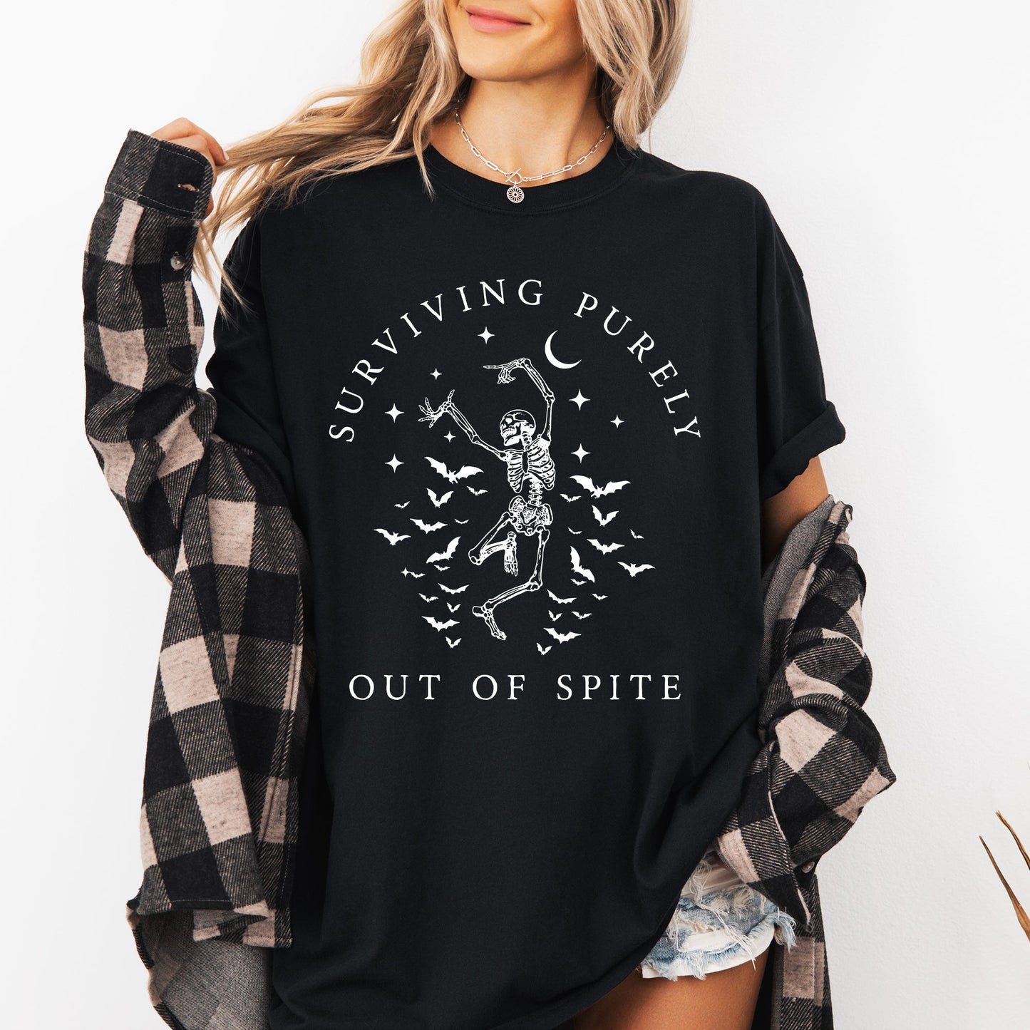 Surviving Purely Out of Spite, Skeleton, Bats, Funny, Aesthetic, Meme, Halloween, Spooky, Dancing Shirt Comfort Colors T-Shirt