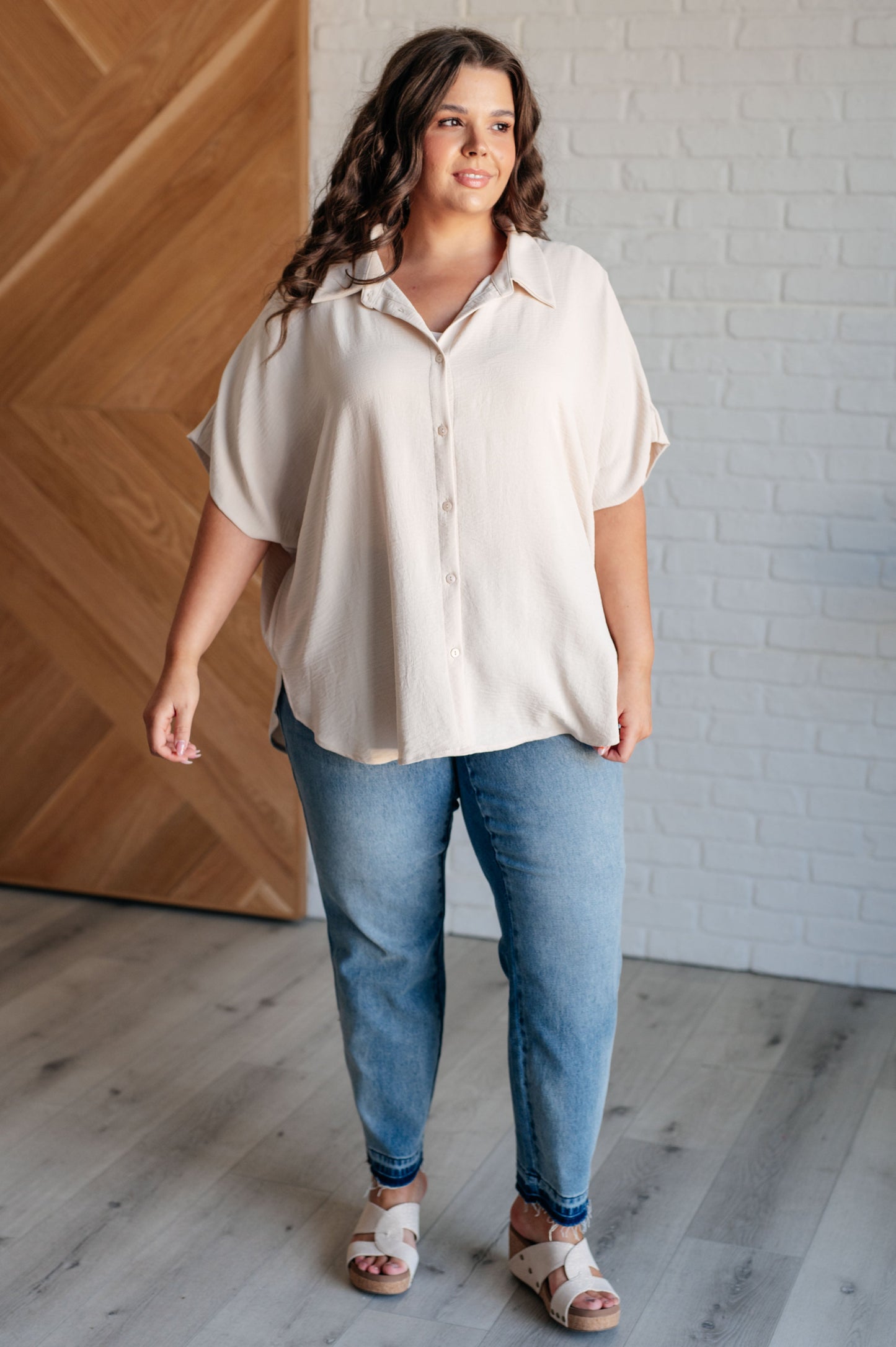 Sweet Simplicity Textured Woven Button Down Blouse in Oatmeal