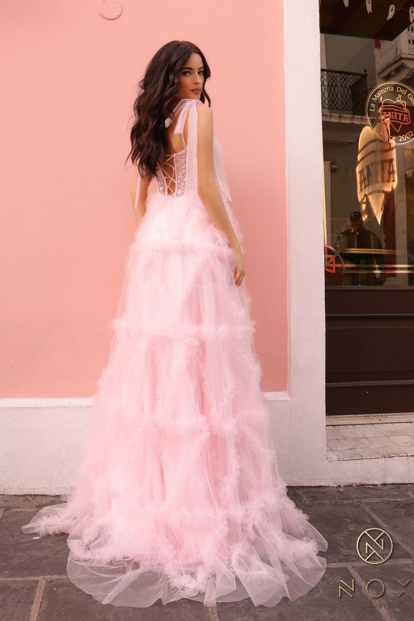 Nox Anabel T1340 Long Ruffled Skirt Boned Bustier Ribbon Strap A-Line Gown