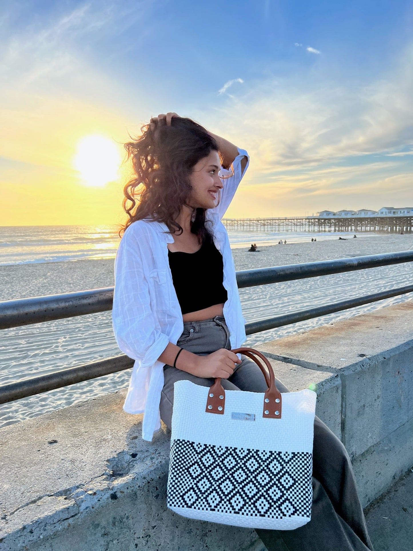 Large White Woven Crossbody Bag Tan Leather Tin Marin