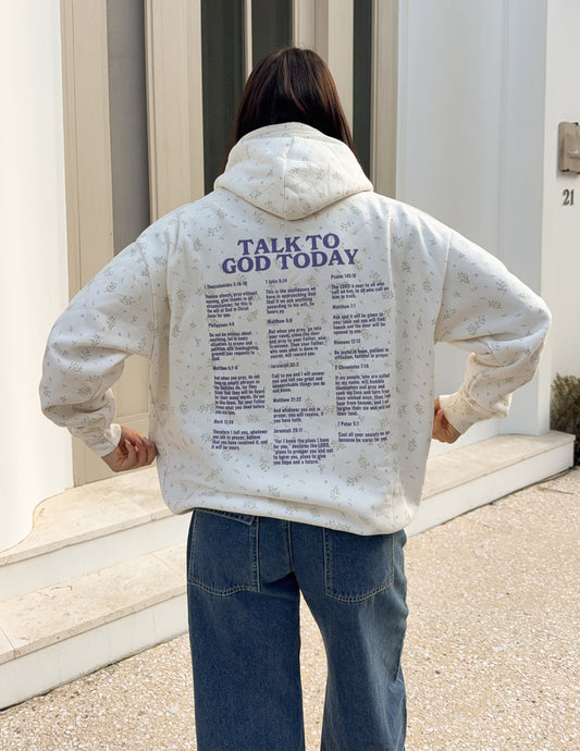 Talk to God Allover Wildflower Unisex Hoodie Ivory 70% Cotton 30% Polyester