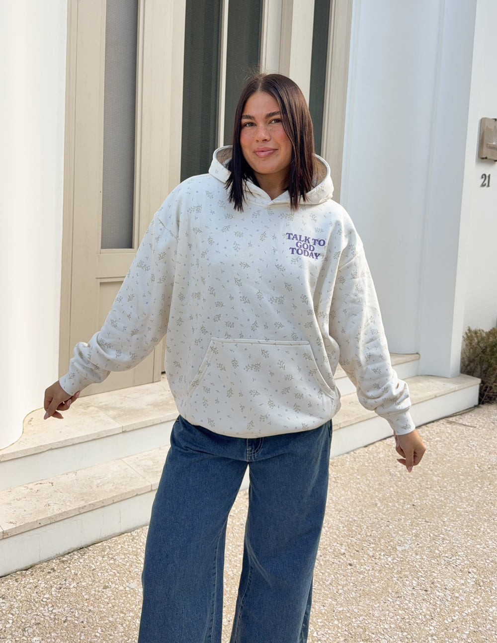 Talk to God Allover Wildflower Unisex Hoodie Ivory 70% Cotton 30% Polyester