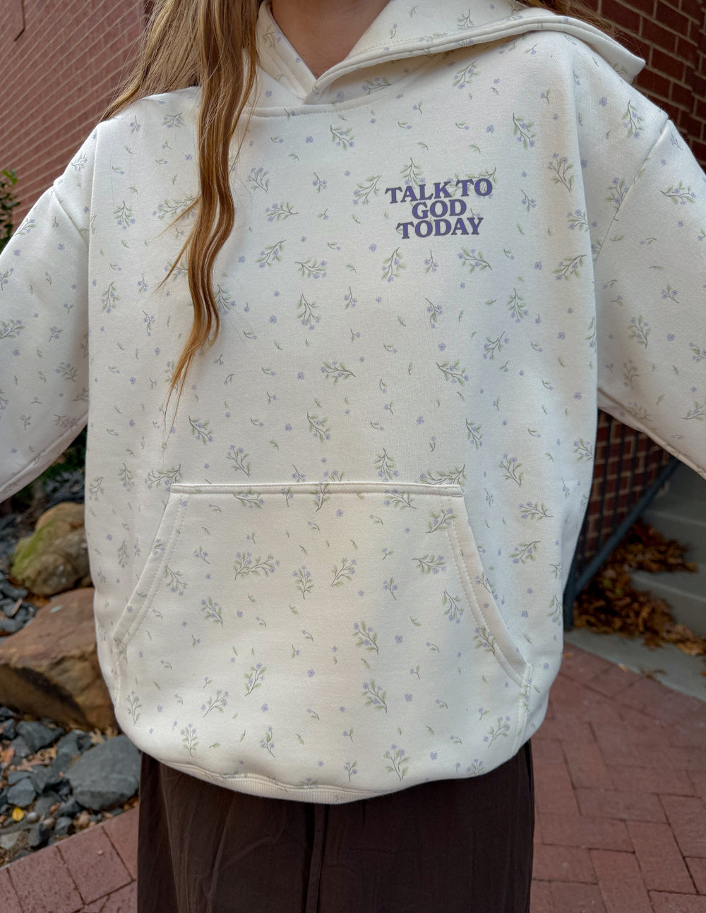 Talk to God Allover Wildflower Unisex Hoodie Ivory 70% Cotton 30% Polyester