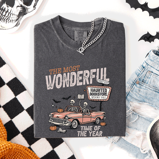 The Most Wonderful Time Of The Year, Reading Skeleton, Halloween, Haunted, Library, Comfort Colors T-Shirt