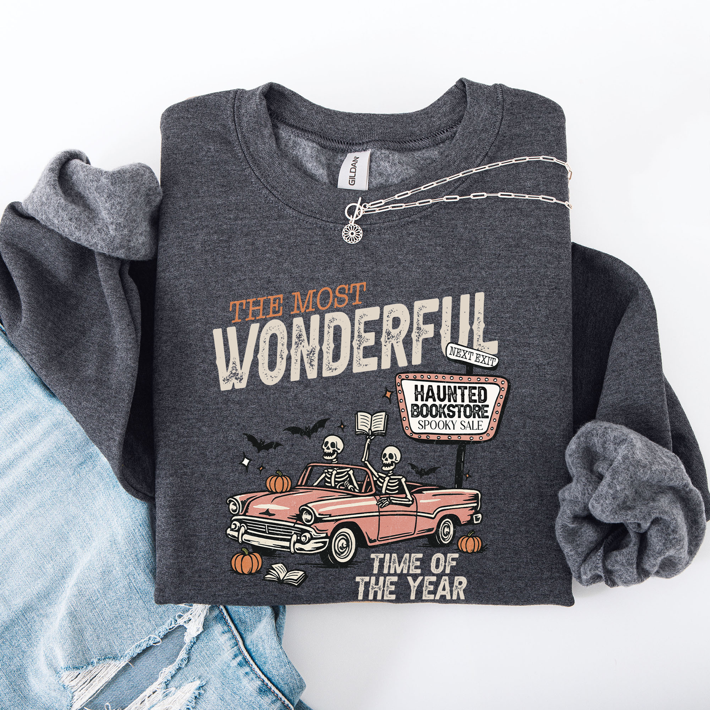 The Most Wonderful Time Of The Year, Reading Skeleton, Halloween, Haunted, Library Sweatshirt