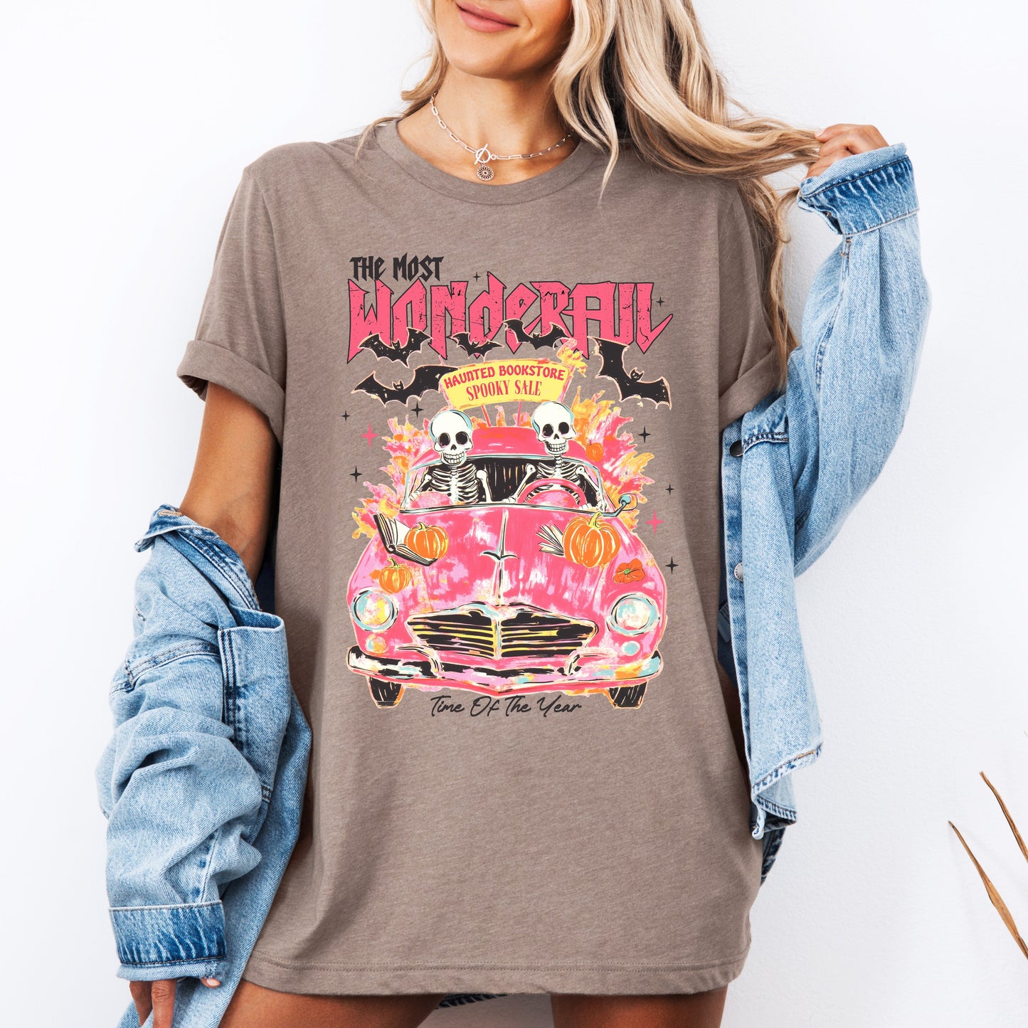 Pink Spooky Halloween Reading Skeletons Graphic Tee Refinery Number One