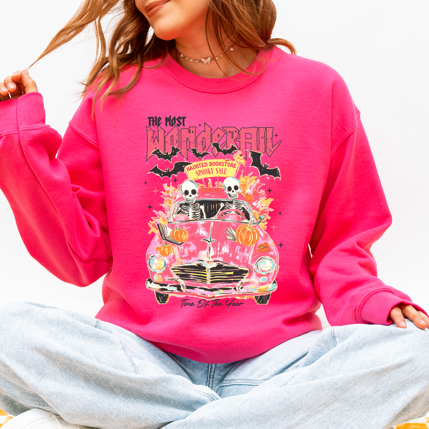 The Most Wonderful Time Of The Year, Reading Skeletons, Pink, Spooky, Halloween, Trending Graphic Sweatshirt