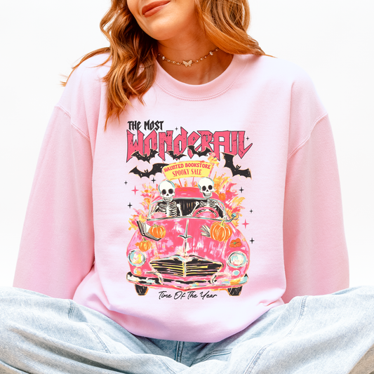 The Most Wonderful Time Of The Year, Reading Skeletons, Pink, Spooky, Halloween, Trending Graphic Sweatshirt