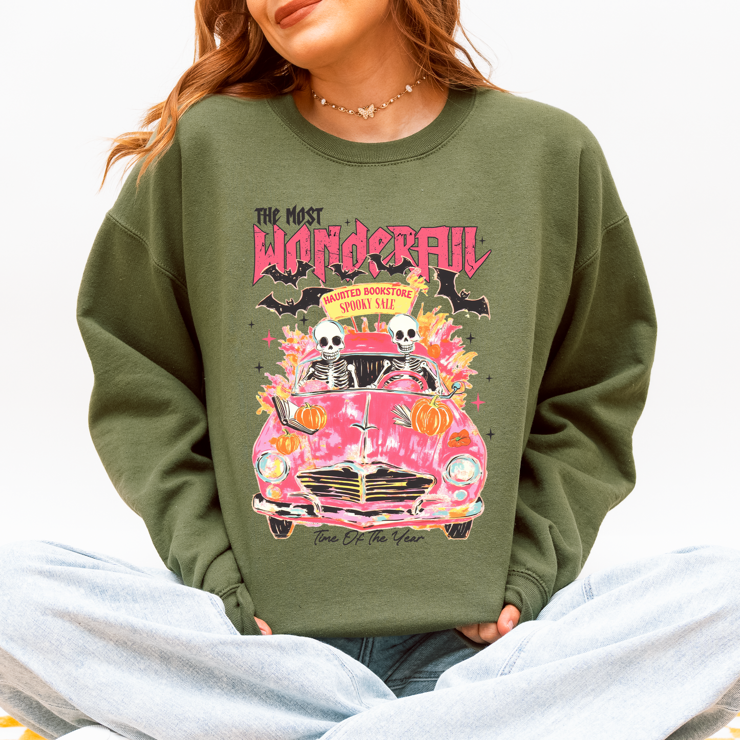 The Most Wonderful Time Of The Year, Reading Skeletons, Pink, Spooky, Halloween, Trending Graphic Sweatshirt