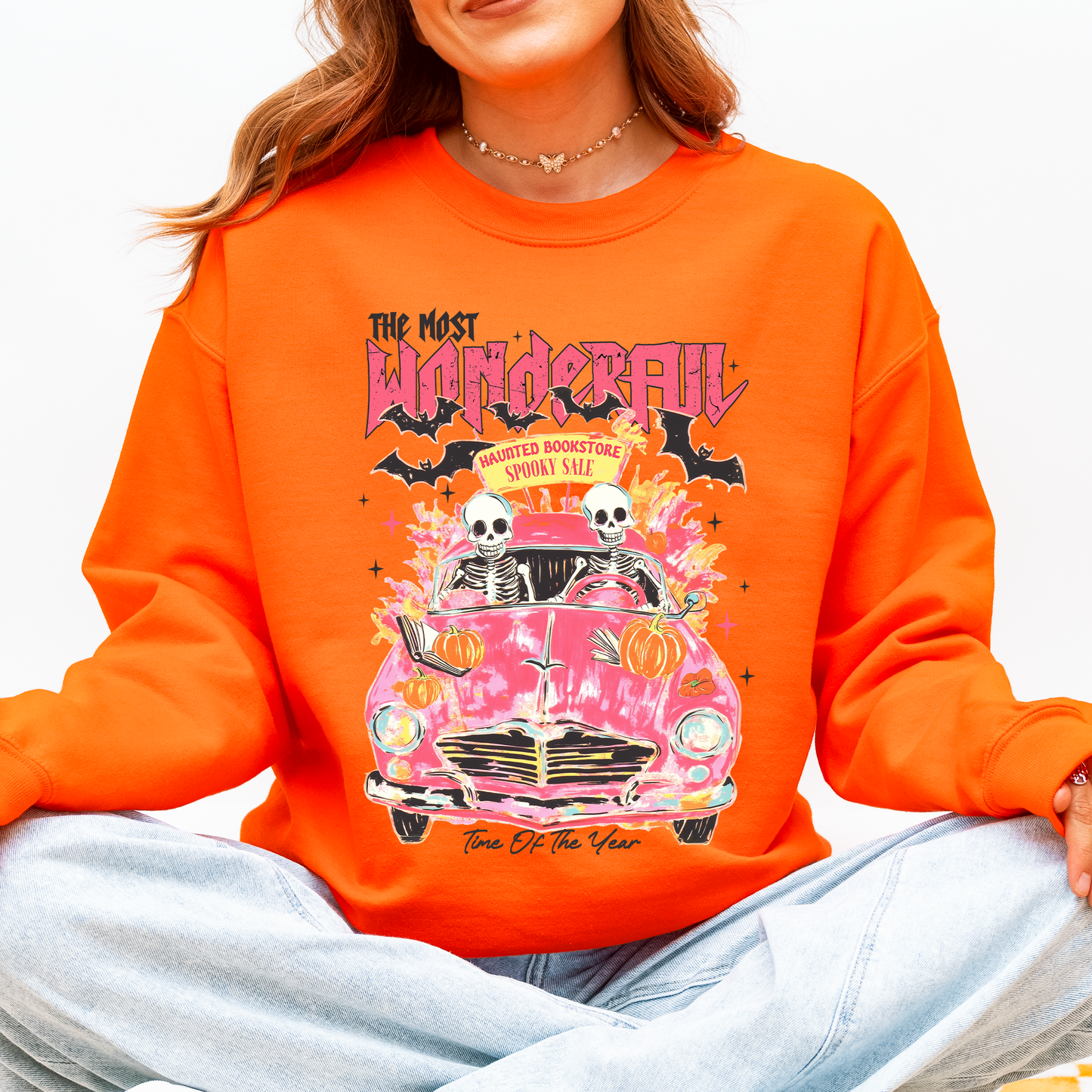 The Most Wonderful Time Of The Year, Reading Skeletons, Pink, Spooky, Halloween, Trending Graphic Sweatshirt