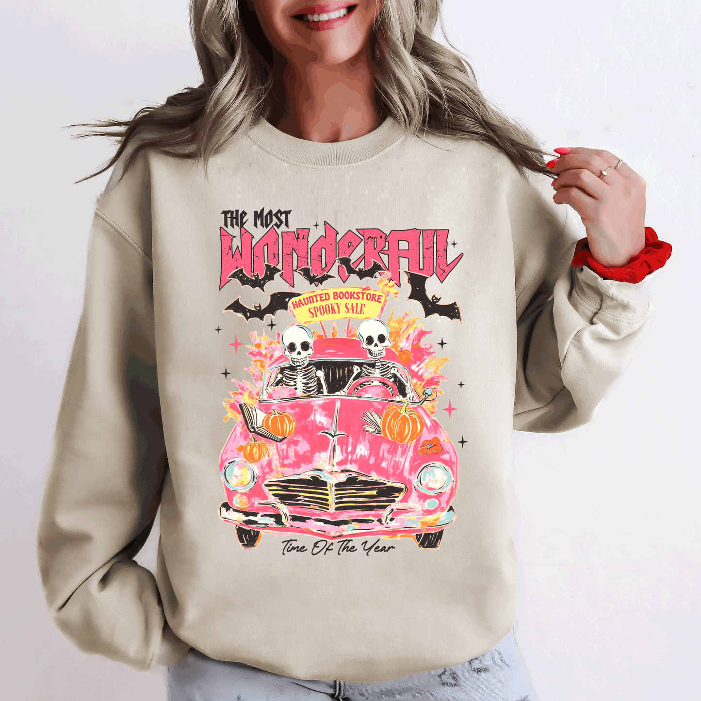 The Most Wonderful Time Of The Year, Reading Skeletons, Pink, Spooky, Halloween, Trending Graphic Sweatshirt