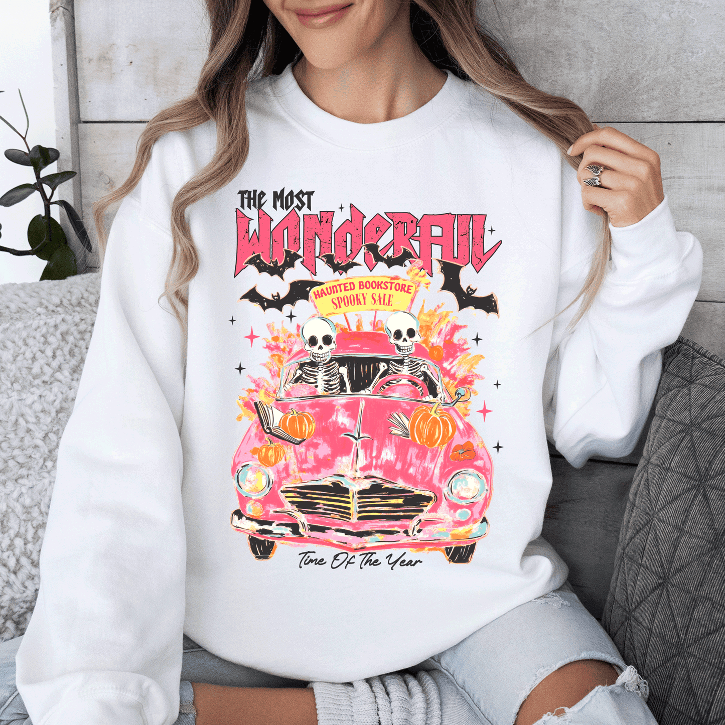 The Most Wonderful Time Of The Year, Reading Skeletons, Pink, Spooky, Halloween, Trending Graphic Sweatshirt