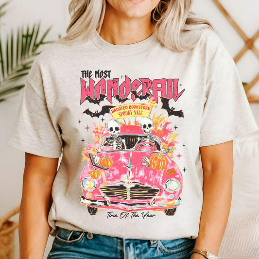 The Most Wonderful Time Of The Year, Reading Skeletons, Pink, Spooky, Halloween, Trending Graphic Tee, Tshirt