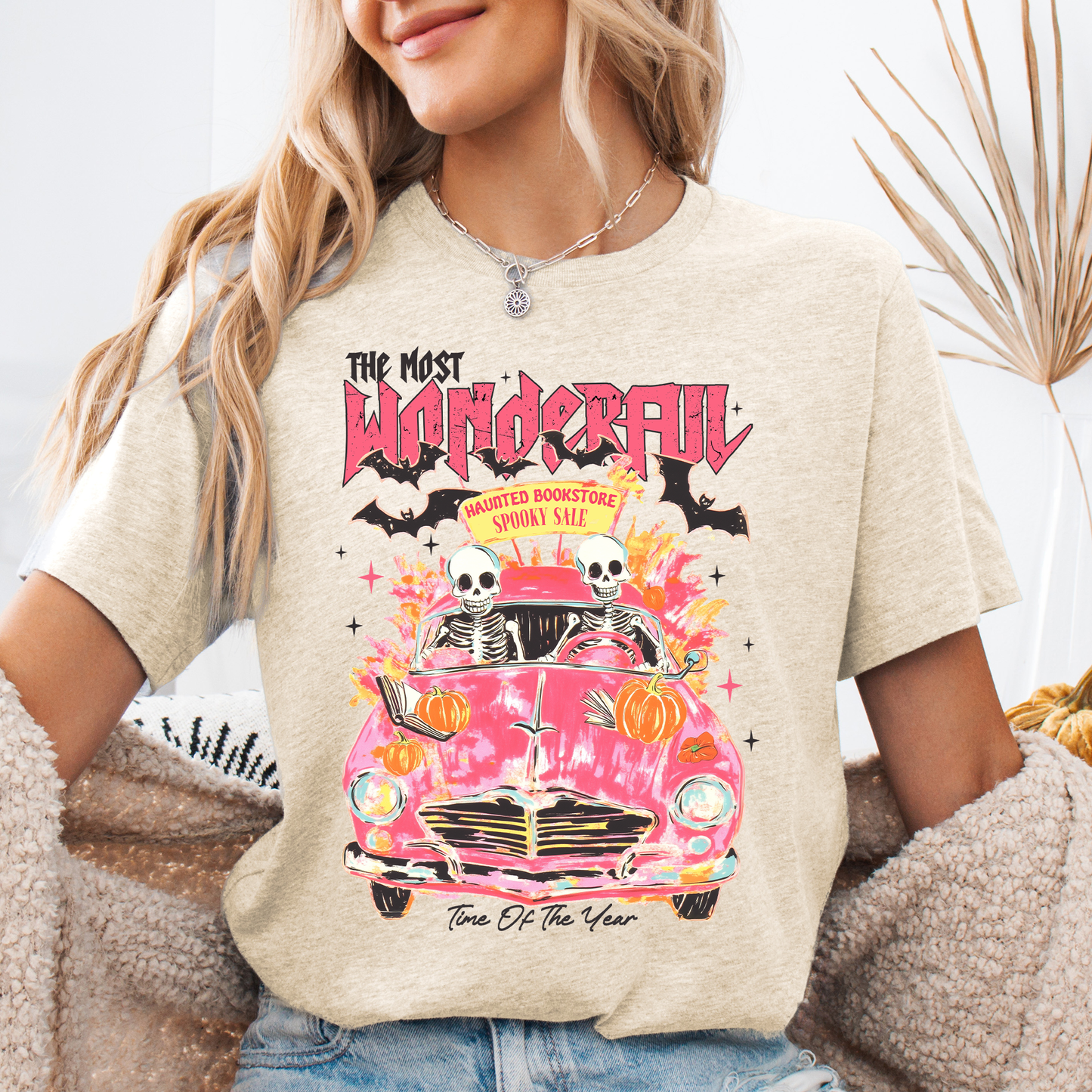 The Most Wonderful Time Of The Year, Reading Skeletons, Pink, Spooky, Halloween, Trending Graphic Tee, Tshirt