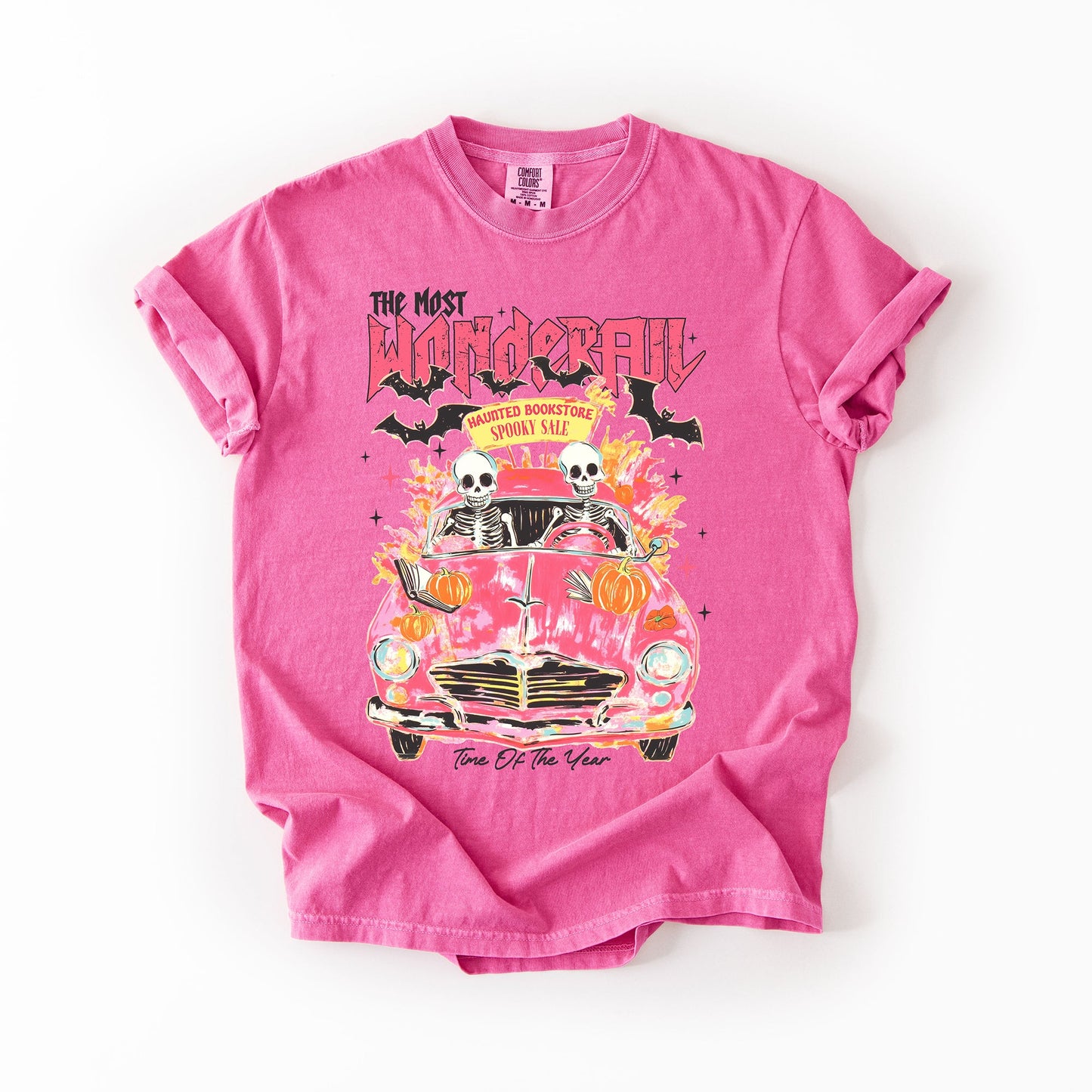 The Most Wonderful Time Of The Year, Reading Skeletons, Pink, Spooky, Halloween, Trending Graphic Tee, Comfort Colors T-Shirt