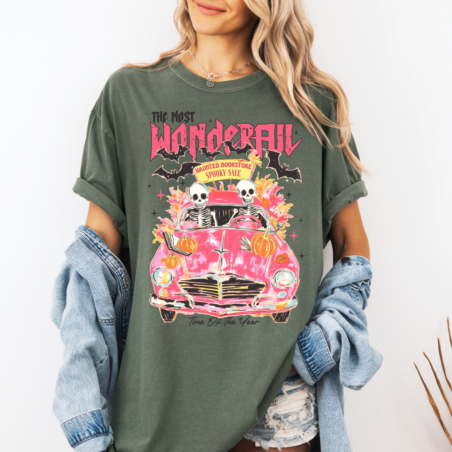 The Most Wonderful Time Of The Year, Reading Skeletons, Pink, Spooky, Halloween, Trending Graphic Tee, Comfort Colors T-Shirt
