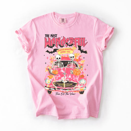 The Most Wonderful Time Of The Year, Reading Skeletons, Pink, Spooky, Halloween, Trending Graphic Tee, Comfort Colors T-Shirt