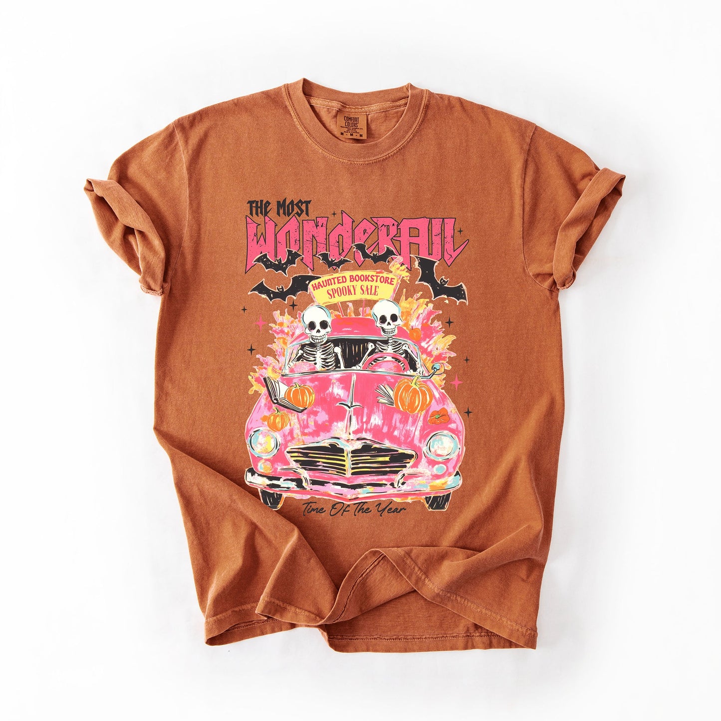 The Most Wonderful Time Of The Year, Reading Skeletons, Pink, Spooky, Halloween, Trending Graphic Tee, Comfort Colors T-Shirt
