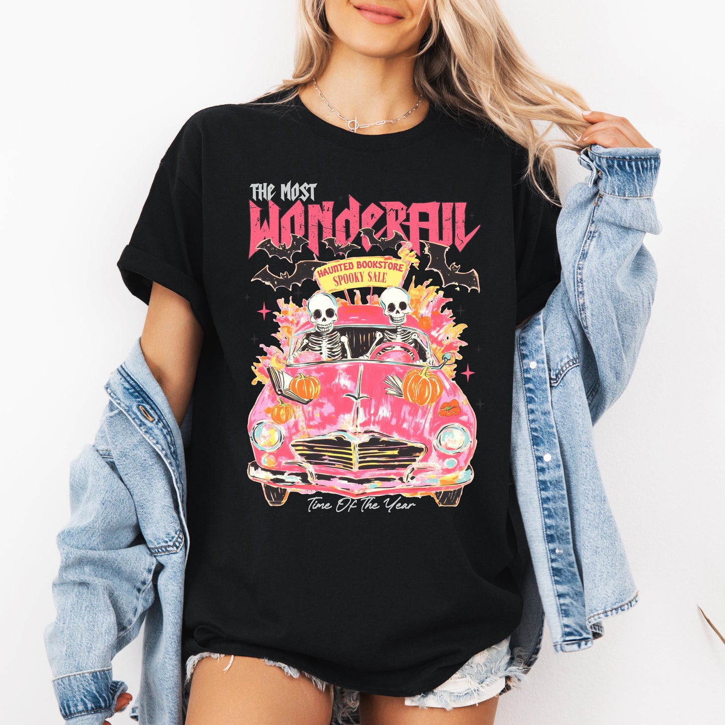 Pink Spooky Halloween Reading Skeletons Graphic Tee Refinery Number One