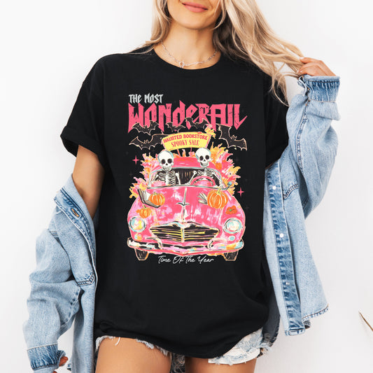 The Most Wonderful Time Of The Year, Reading Skeletons, Pink, Spooky, Halloween, Trending Graphic Tee, Tshirt