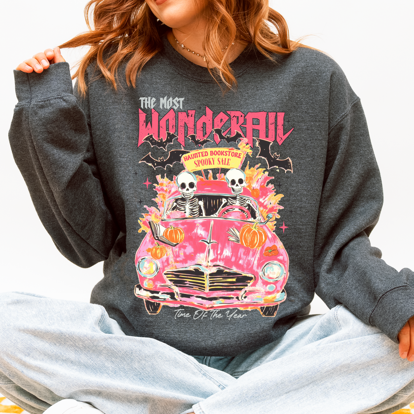 The Most Wonderful Time Of The Year, Reading Skeletons, Pink, Spooky, Halloween, Trending Graphic Sweatshirt