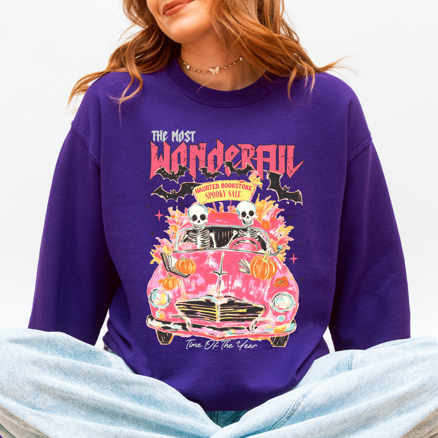 The Most Wonderful Time Of The Year, Reading Skeletons, Pink, Spooky, Halloween, Trending Graphic Sweatshirt