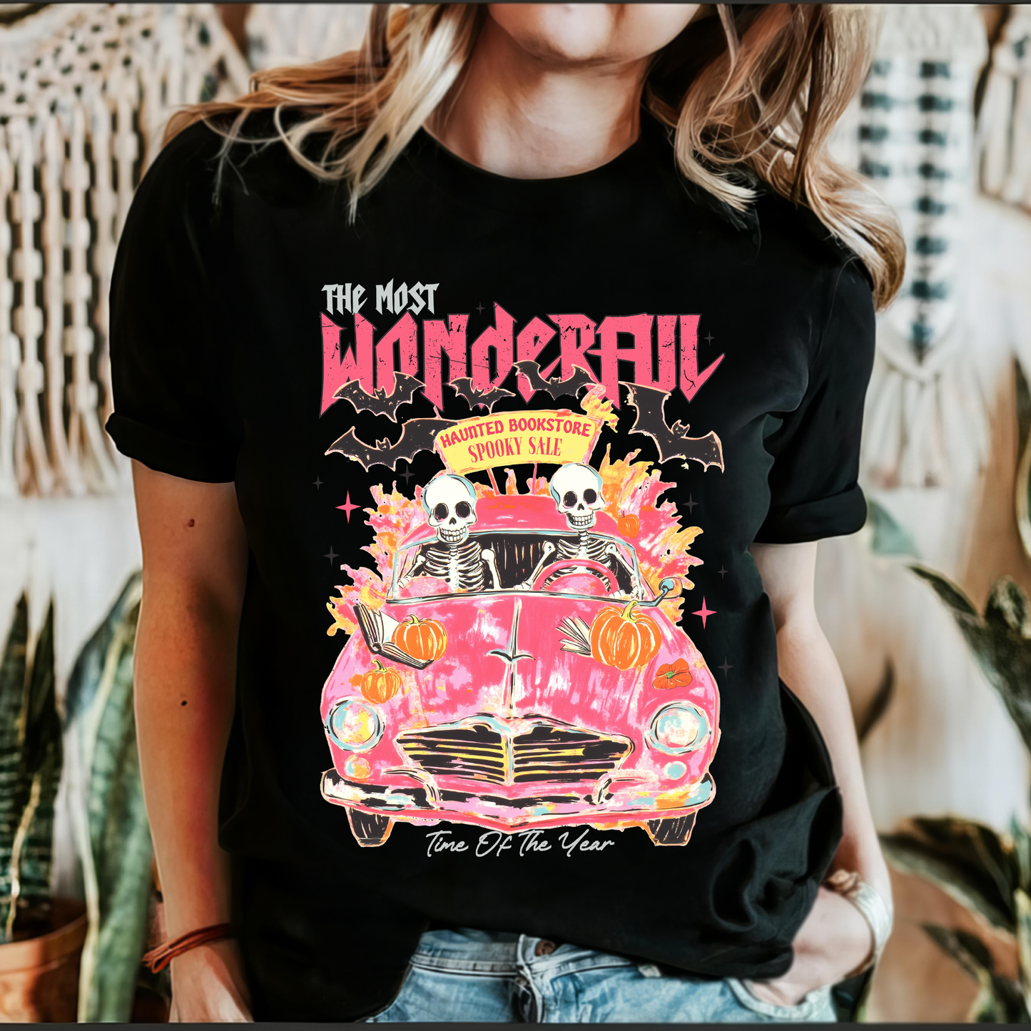 The Most Wonderful Time Of The Year, Reading Skeletons, Pink, Spooky, Halloween, Trending Graphic Tee, Black Tshirt