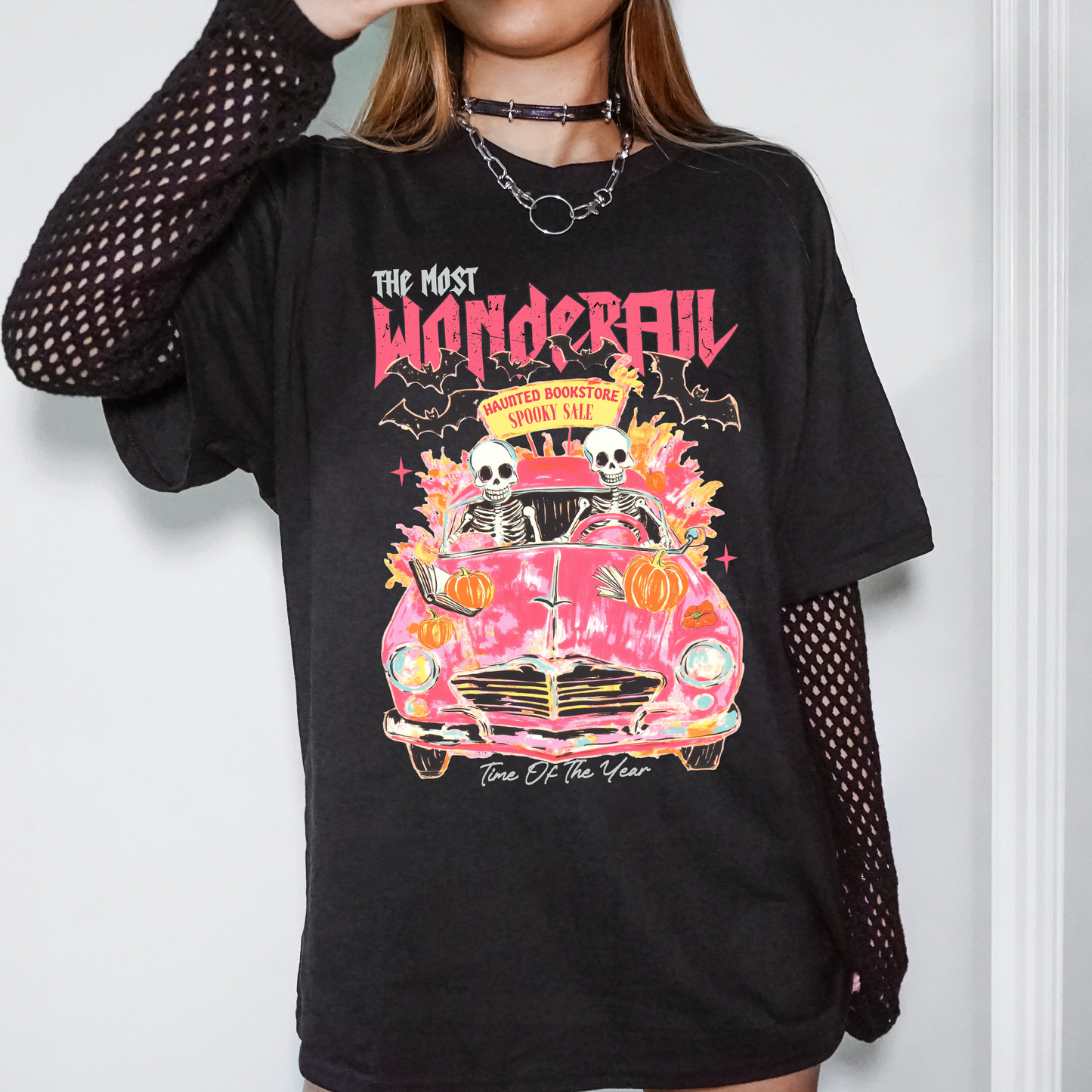 The Most Wonderful Time Of The Year, Reading Skeletons, Pink, Spooky, Halloween, Trending Graphic Tee, Black Tshirt
