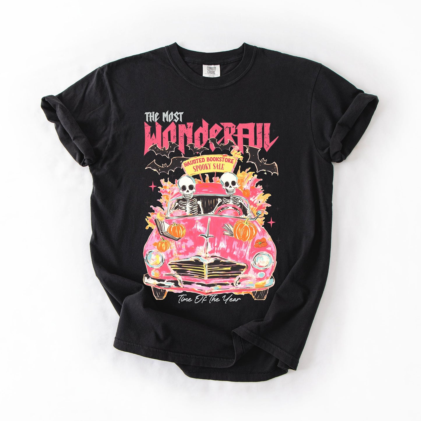 The Most Wonderful Time Of The Year, Reading Skeletons, Pink, Spooky, Halloween, Trending Graphic Tee, Comfort Colors T-Shirt