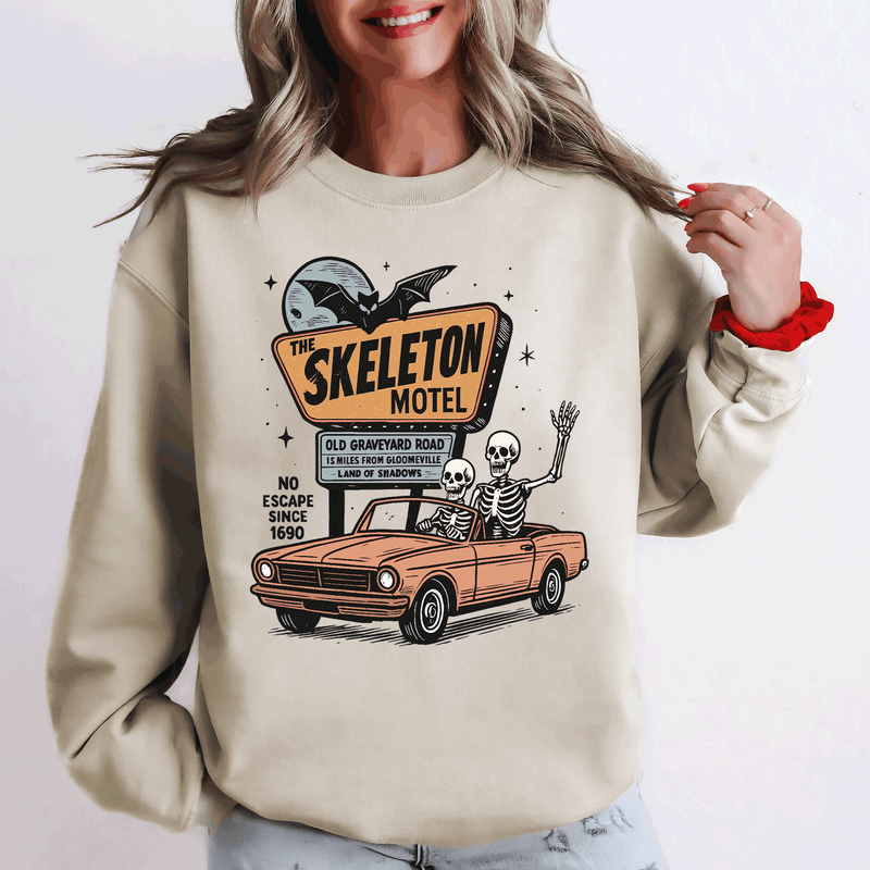 Spooky Skeleton Motel Halloween Sweatshirt Refinery Number One