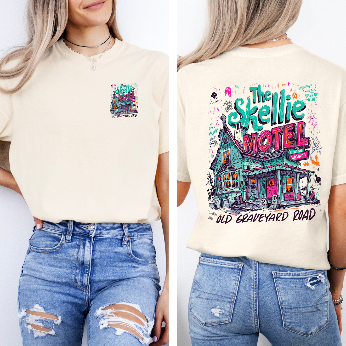 The Skellie Motel, Halloween, Front and Back, Spooky, Witches, Cute, Comfort Colors T-Shirt