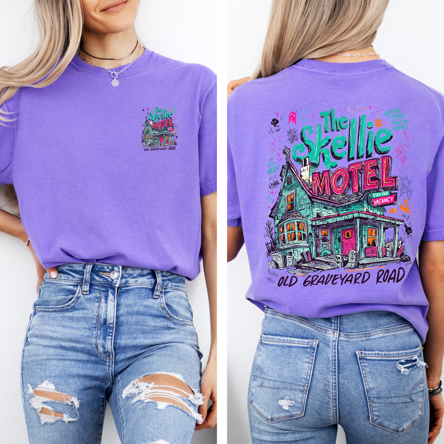 The Skellie Motel, Halloween, Front and Back, Spooky, Witches, Cute, Comfort Colors T-Shirt