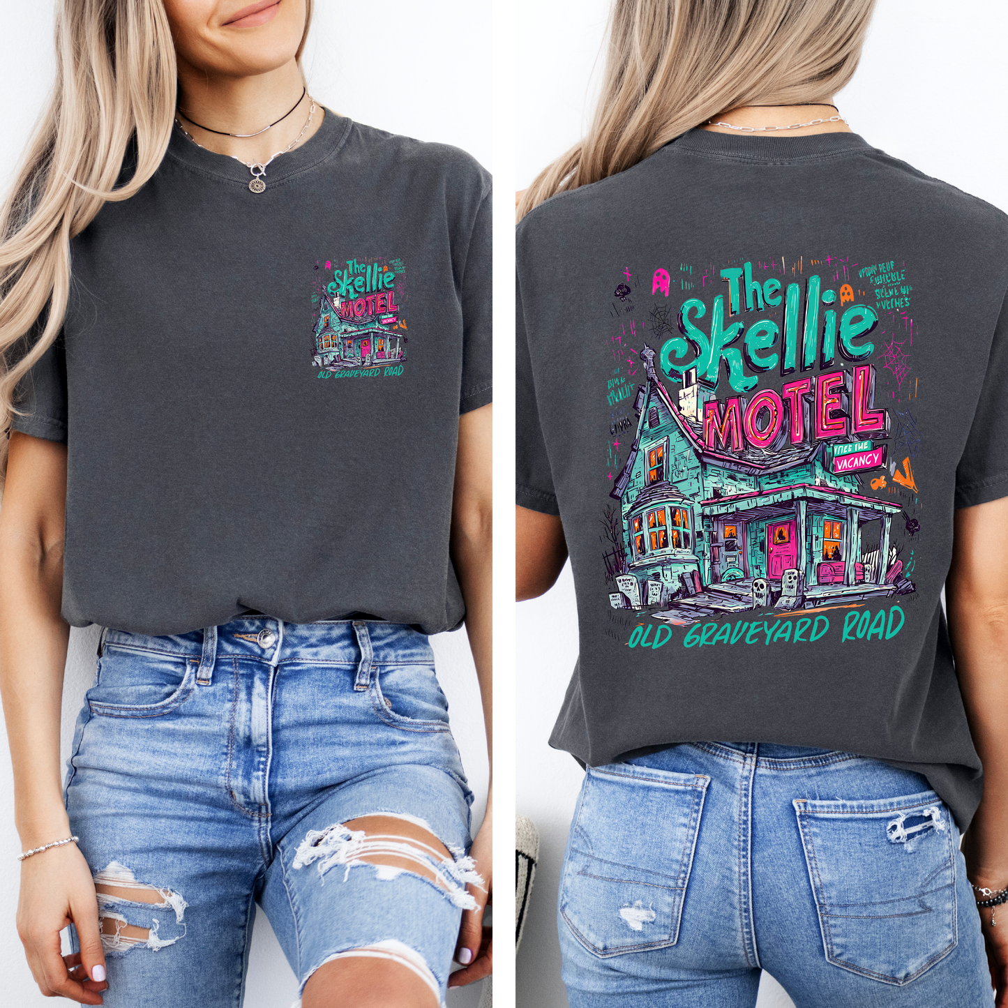 The Skellie Motel, Halloween, Front and Back, Spooky, Witches, Cute, Comfort Colors T-Shirt